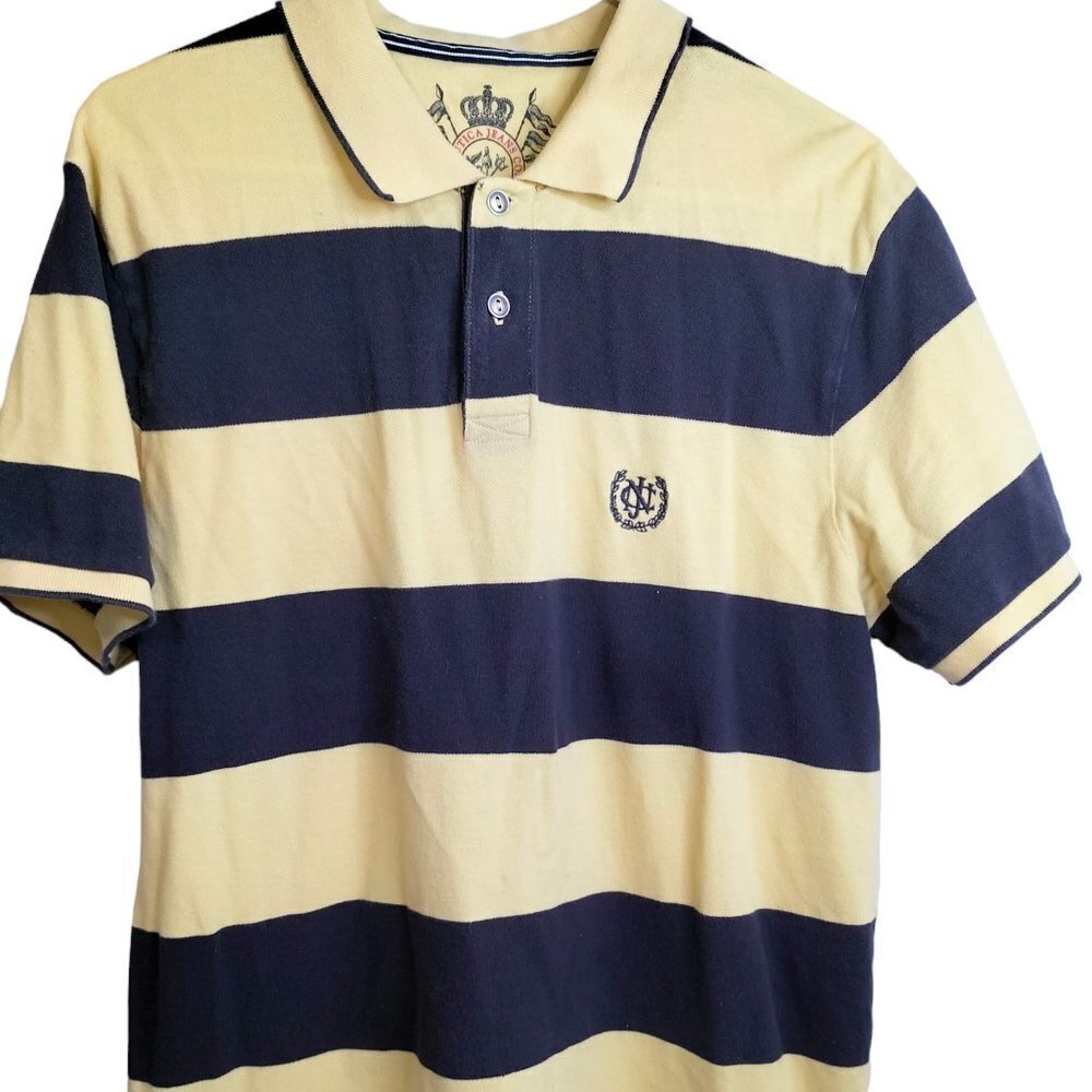 (M129) Nautica Jeans Co. Black Yellow Striped Short Sleeve Polo Shirt Size Large